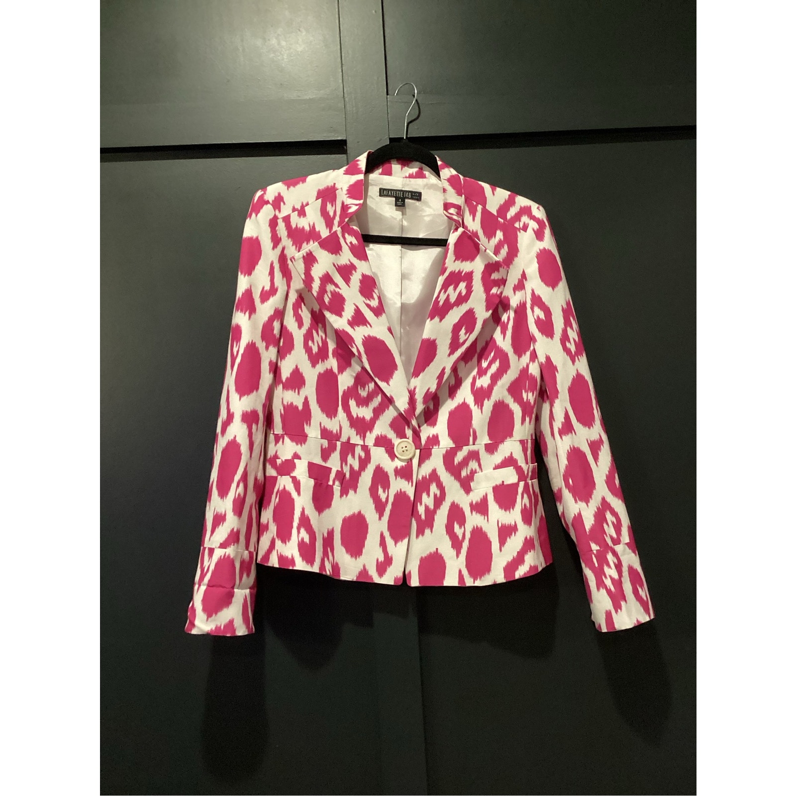 Lafayette 148 Ny Animal Print White Pink Cotton Blend Blazer Jacket Size 4